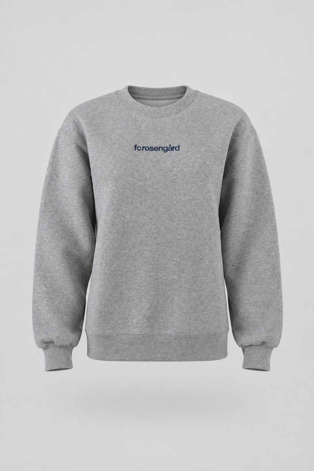 Commercial packshot of the grey FC Rosengård crewneck on a light gray seamless backdrop