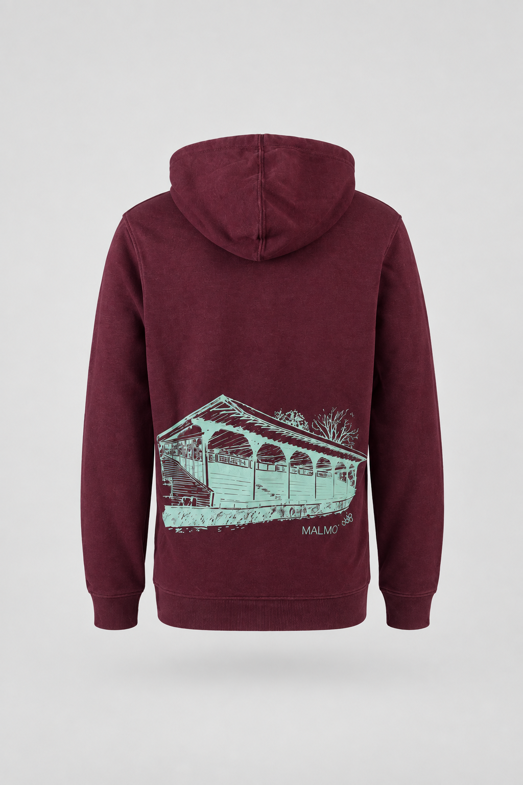 Commercial rear-view packshot of the burgundy FC Rosengård hoodie showing the mint bridge print
