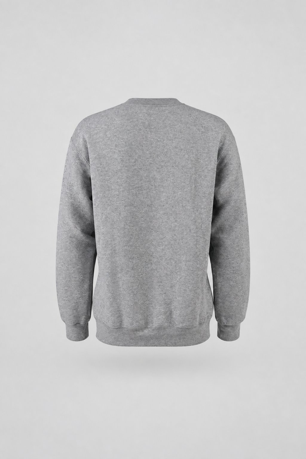 Commercial rear-view packshot of the grey FC Rosengård crewneck on a light gray seamless backdrop