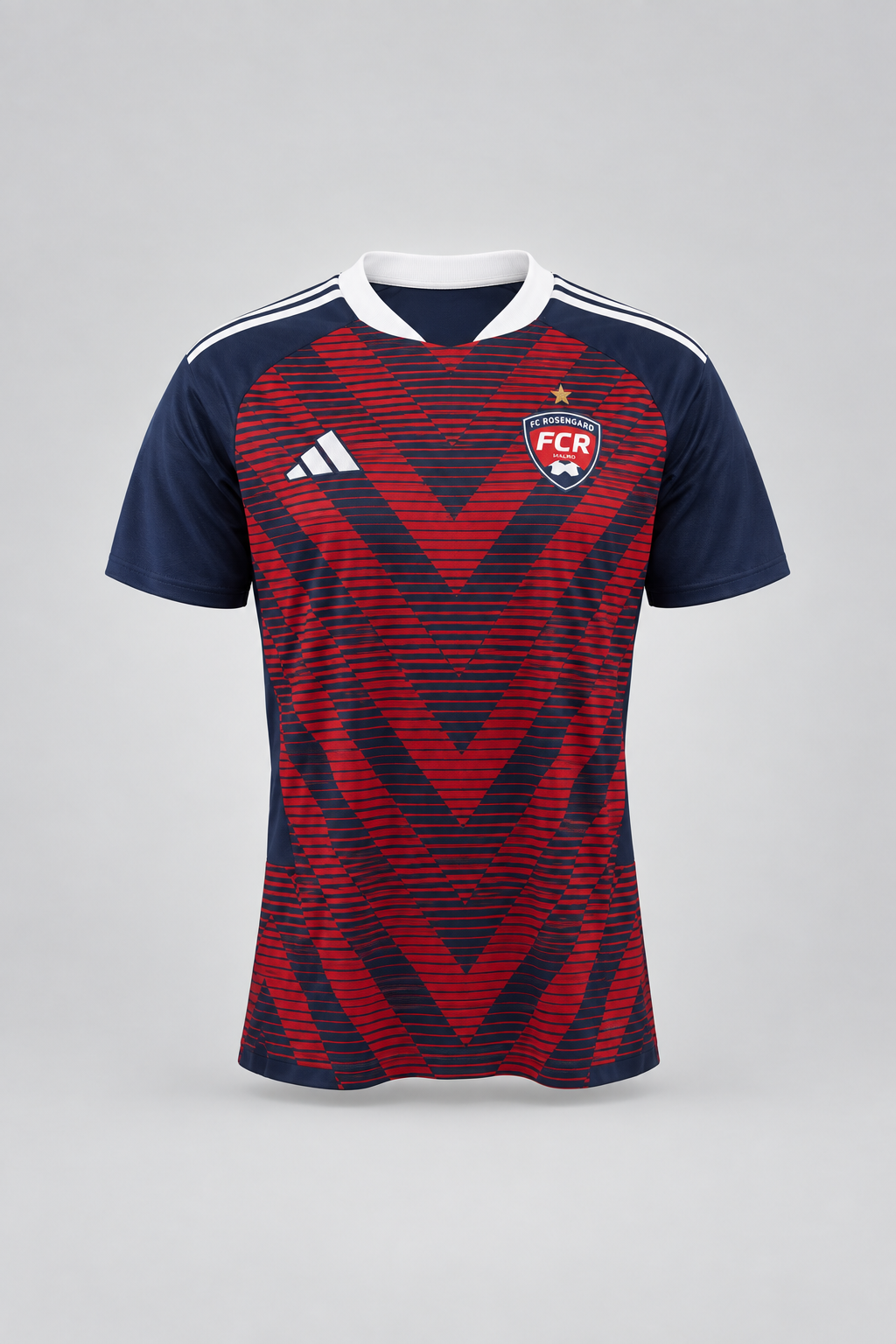 Ghost-mannequin packshot of the FC Rosengård men's home jersey on a light gray backdrop