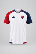 Ghost-mannequin packshot of the white FC Rosengård men's away jersey on a light gray backdrop