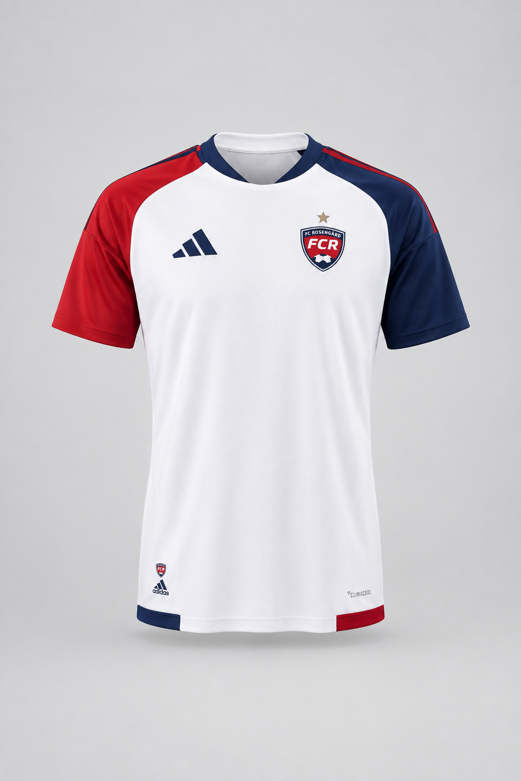 Ghost-mannequin packshot of the white FC Rosengård men's away jersey on a light gray backdrop