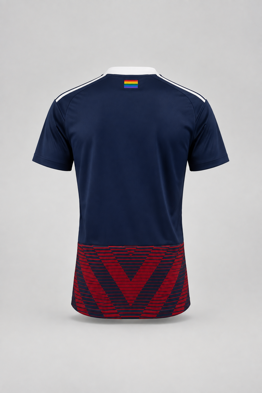 Ghost-mannequin rear packshot of the FC Rosengård men's home jersey on a light gray backdrop