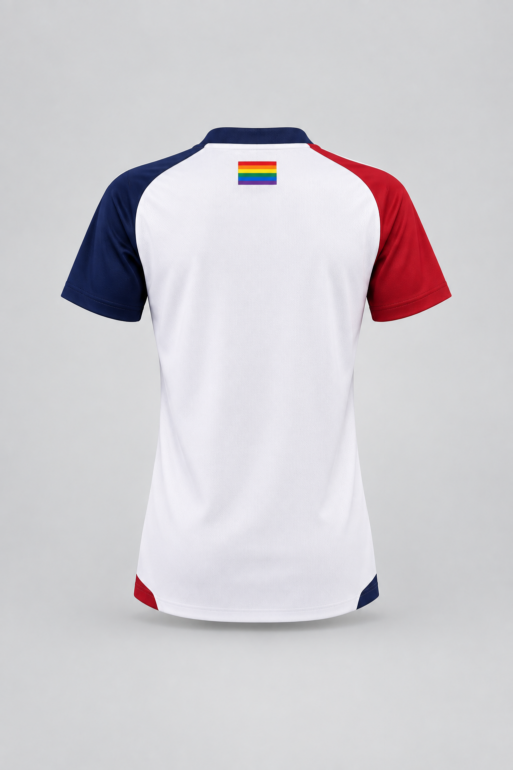 Ghost-mannequin rear packshot of the white FC Rosengård away jersey on a light gray backdrop