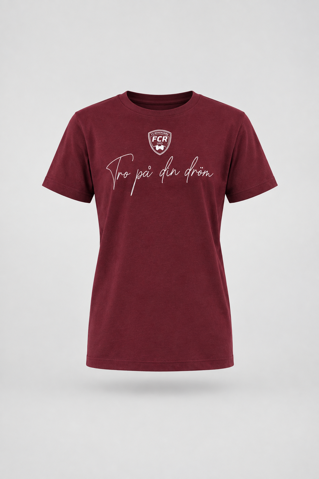 Studio packshot of burgundy FC Rosengård T-shirt