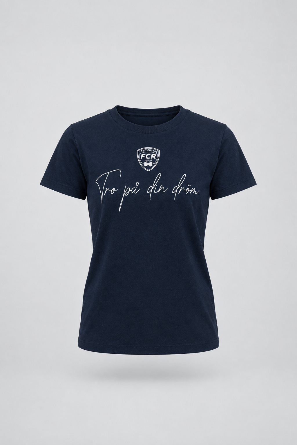 Studio packshot of navy FC Rosengård T-shirt